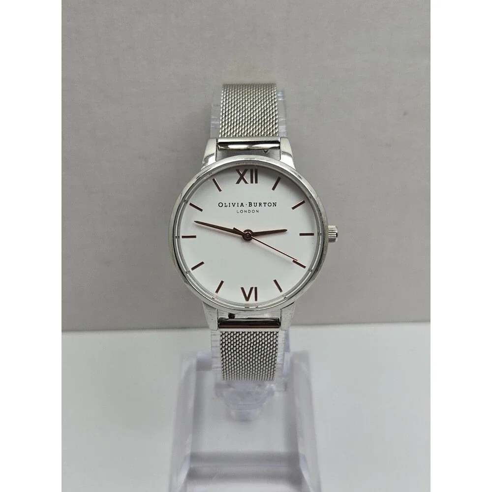 Olivia Burton London Womens Silver Mesh White Dial Quartz 30mm Watch New Battery